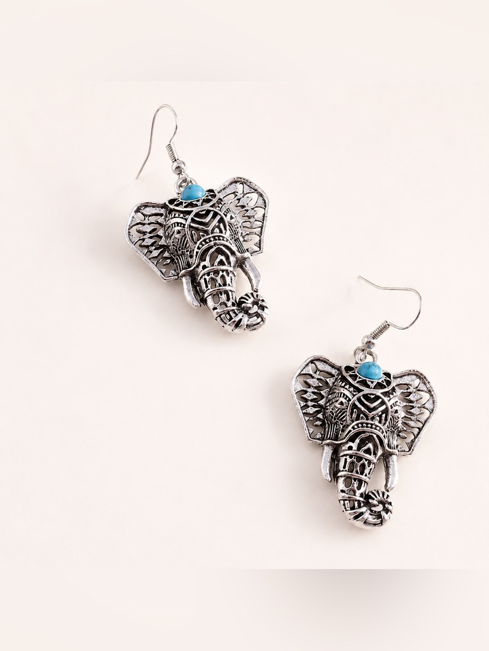 Silver Elephant Drop Earrings with Turquoise Accent - Women Jewelry